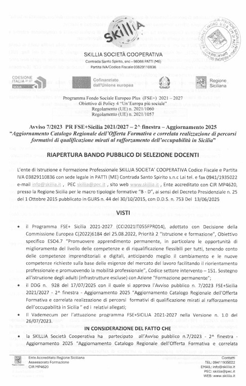 Avviso 7_2023. Riapertura bando docenti 27-11-2025